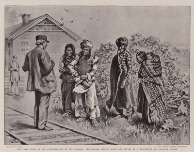 The Final Stage in the Extermination of the Buffalo, Red Indians Selling Bones and Skulls at a Station on an American Prairie by William T. Maud